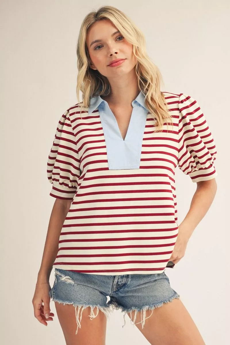 Maroon Striped Puff Sleeve Top w/ Light Blue Collar