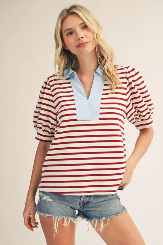 Maroon Striped Puff Sleeve Top w/ Light Blue Collar