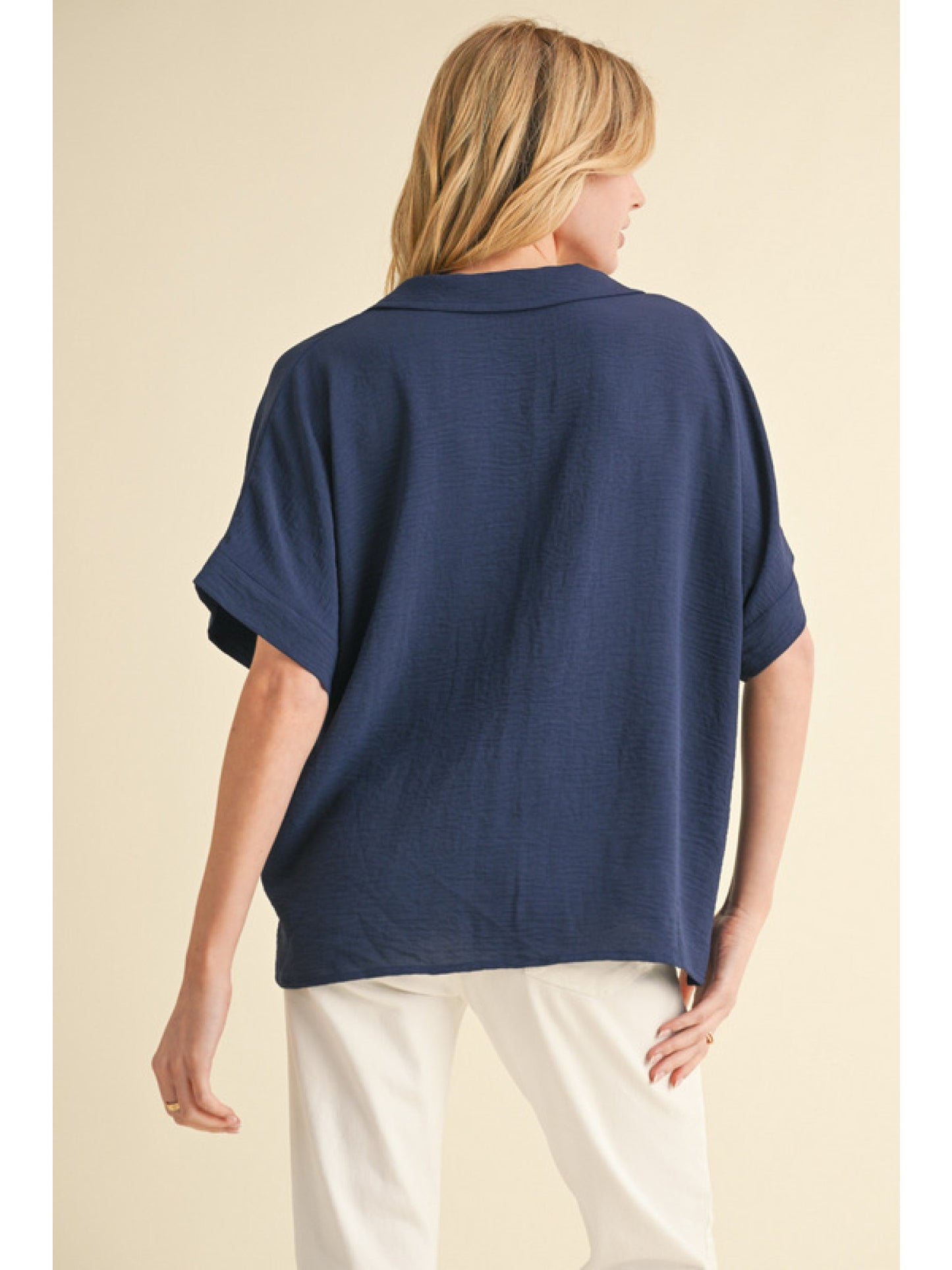 Navy V-Neck, Collared Short Sleeve Blouse