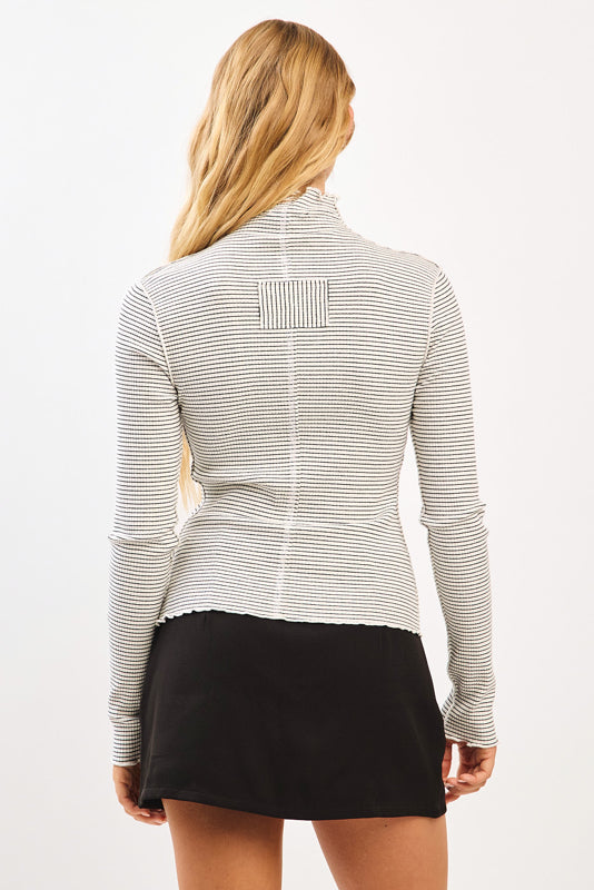 White Striped Rib Knit Turtleneck Long Sleeve