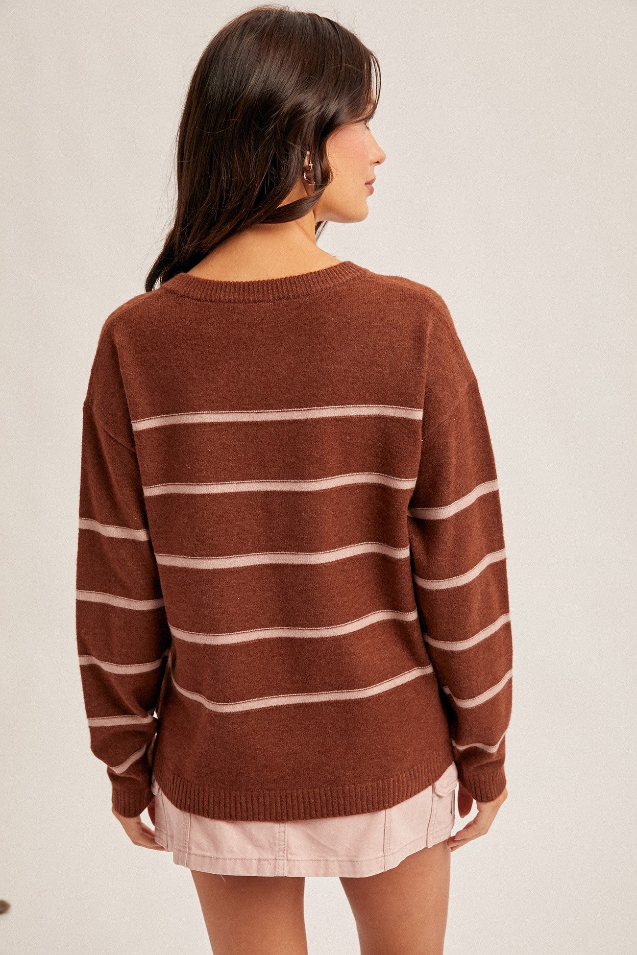 Brown/Pink Striped V-Neck Sweater Knit Top