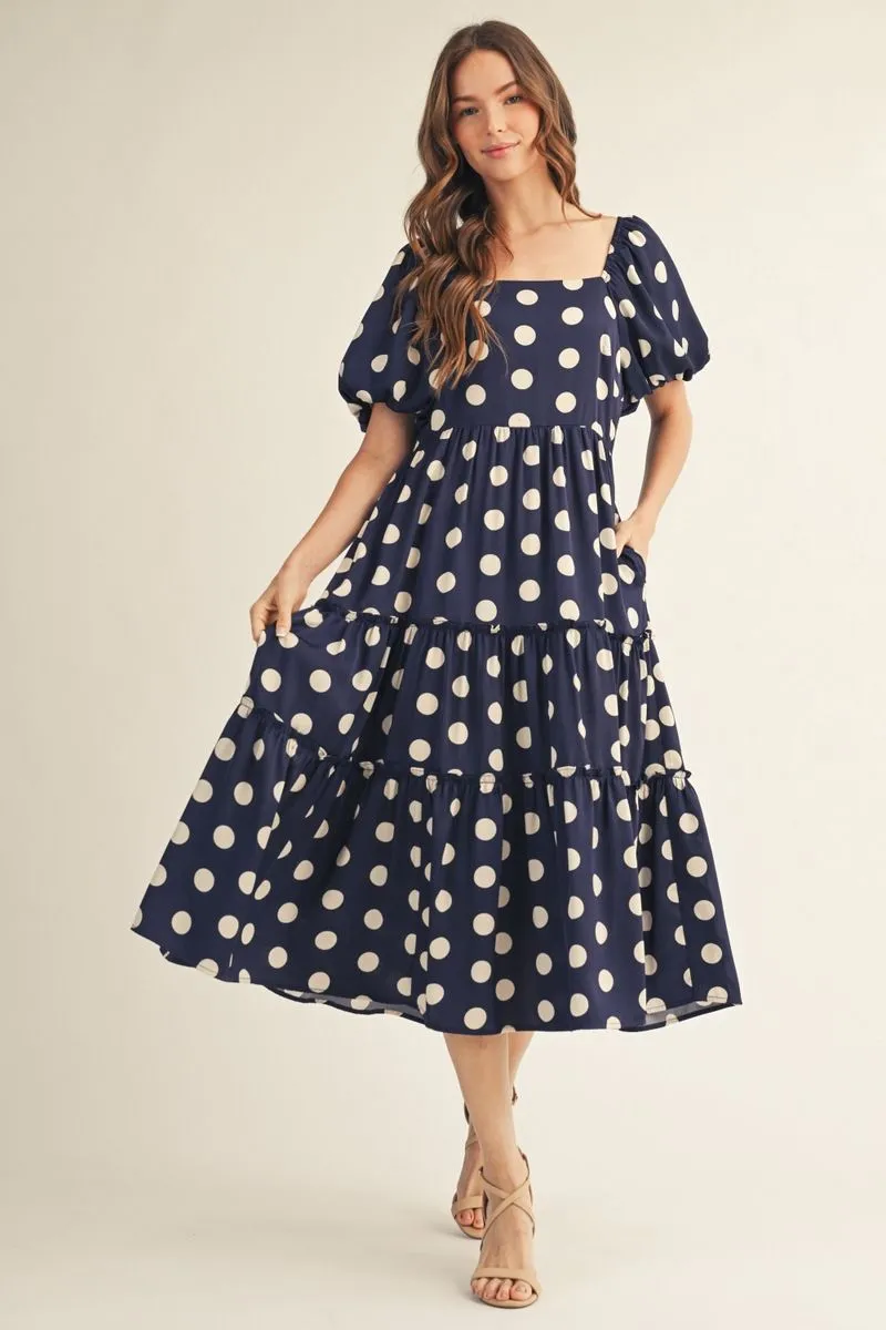 Navy Polka Dot Short Puff Sleeve Midi Dress