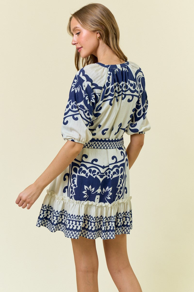 Ivory/Navy Border Shift Mini Dress w/ Waist Tie