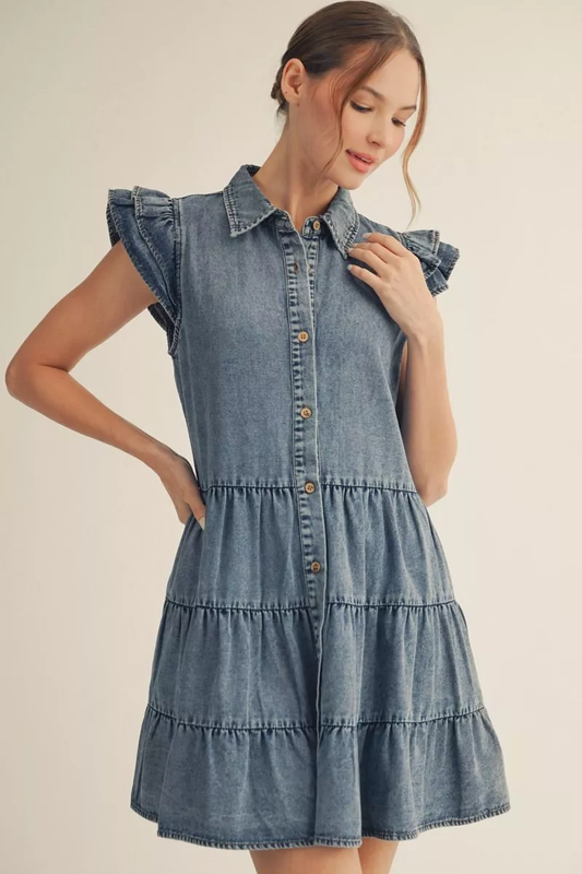Denim Button Up, Tiered Sleeveless Mini Dress