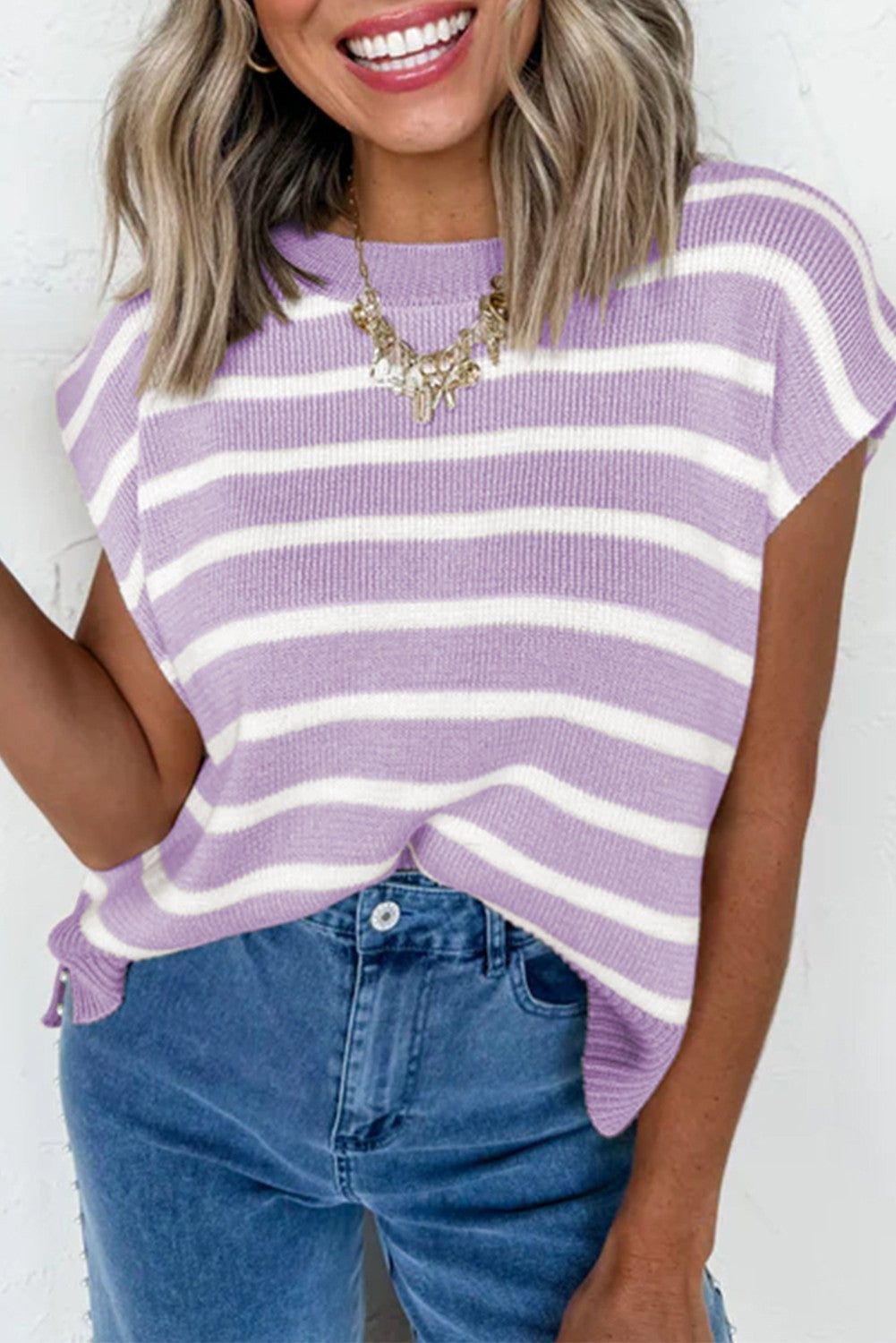 Orchid Petal Striped Mock Neck Sleeveless Top