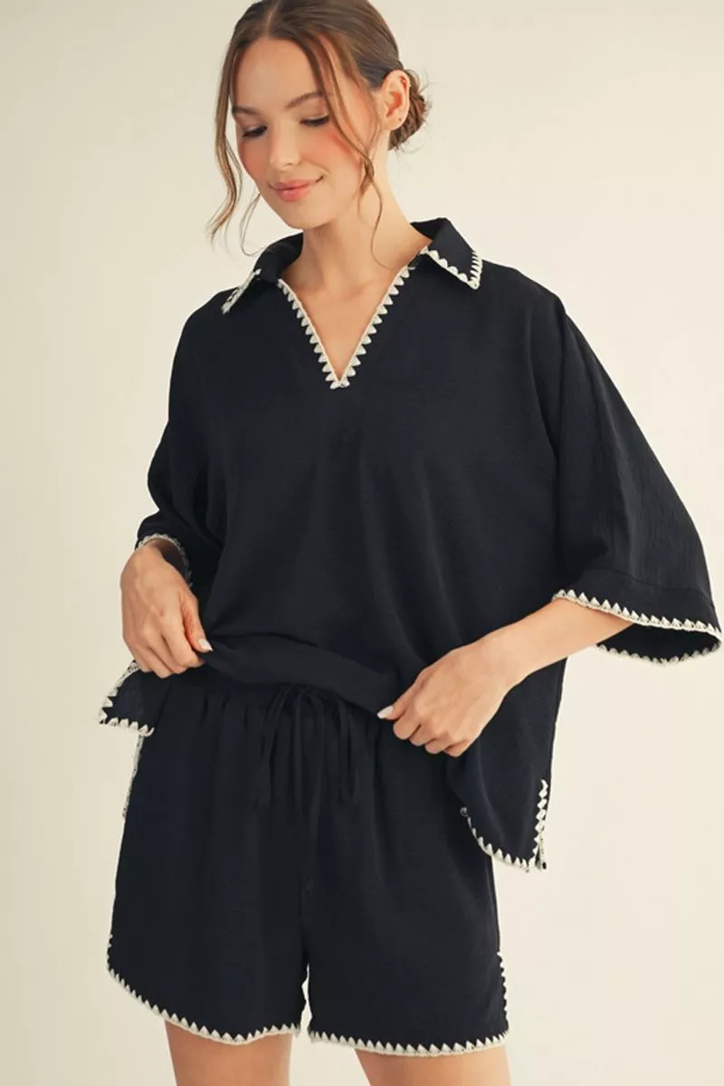 Black Collared Short Sleeve Contrast Stitched Blouse