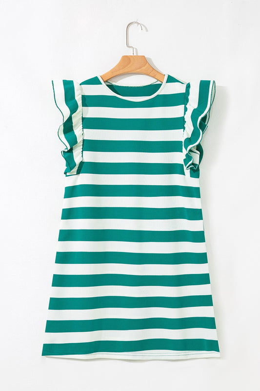 Green Striped Flutter Sleeve Mini Dress