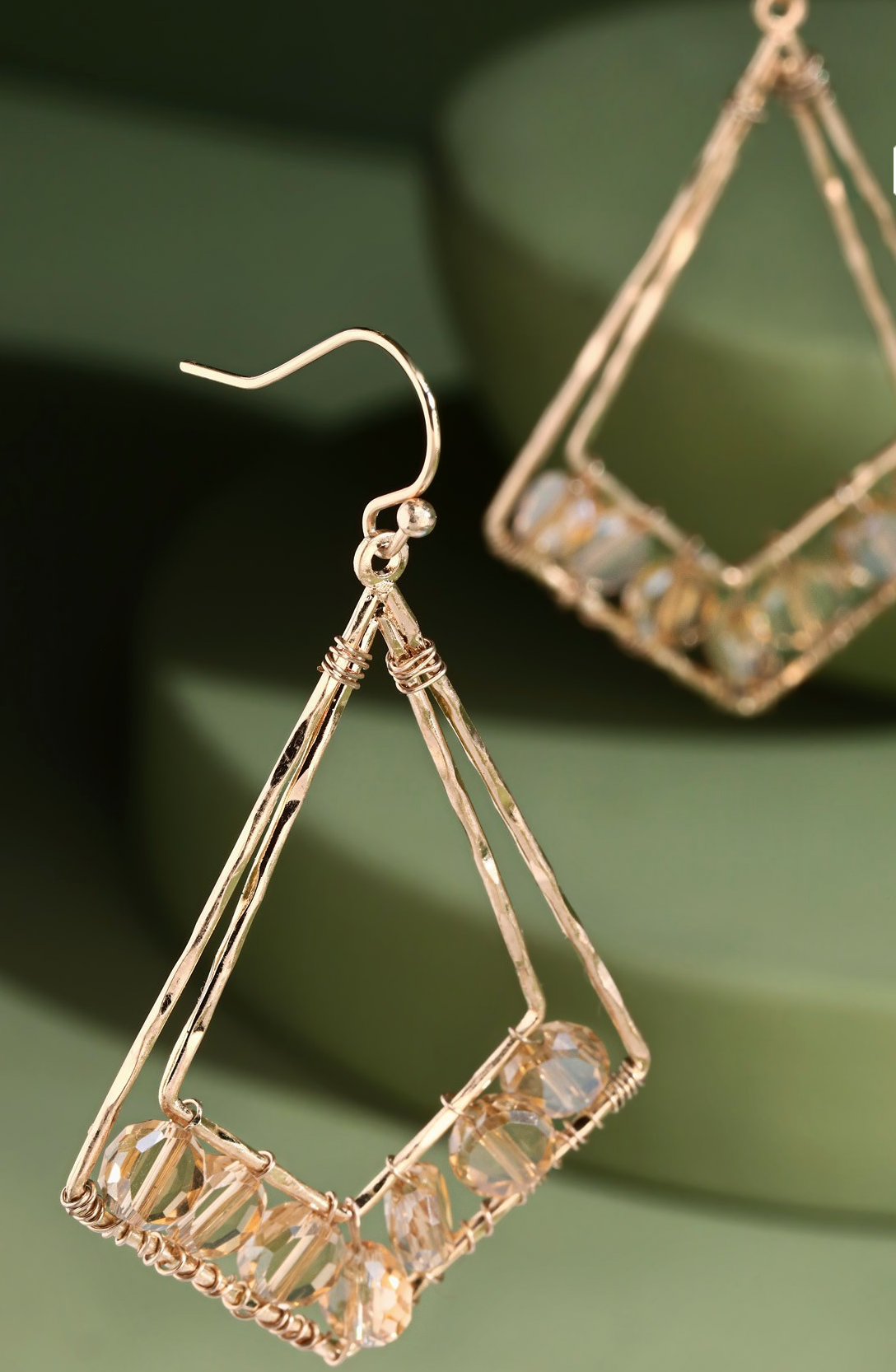 Wire Diamond Shaped Drop Earrings w/ Glass Bead Accent