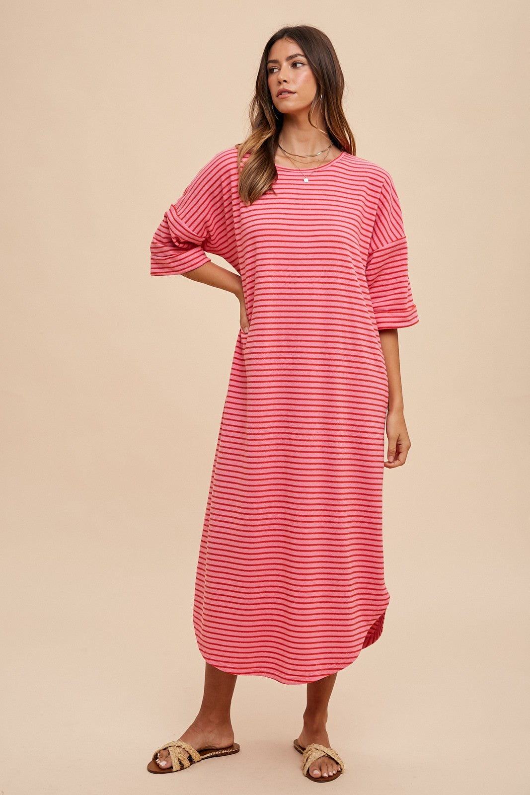 Hot Pink/Red Striped Knit Maxi Dress