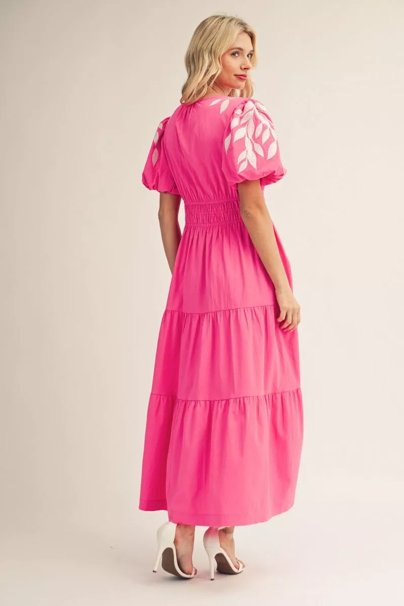 Short, Puff Sleeve Embroidered Neckline Maxi Dress