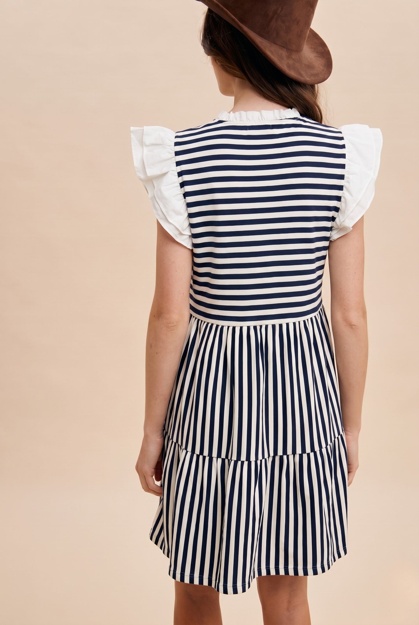 Navy Striped Ruffle Sleeve Babydoll Mini Dress