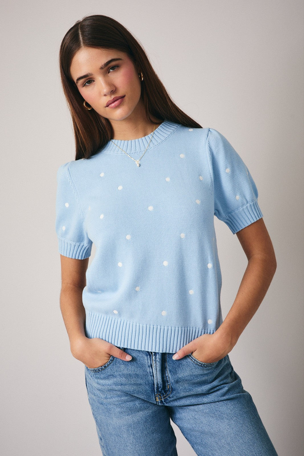 Light Blue-Ivory Dot Short Sleeve Polka Dot Embroidered Sweater