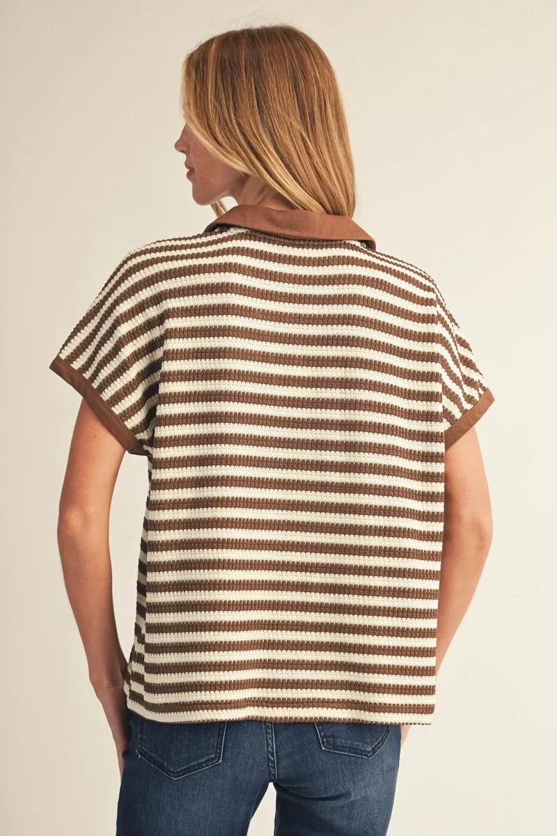 Brown Striped Open Stitch Short Sleeve Collared Shirt