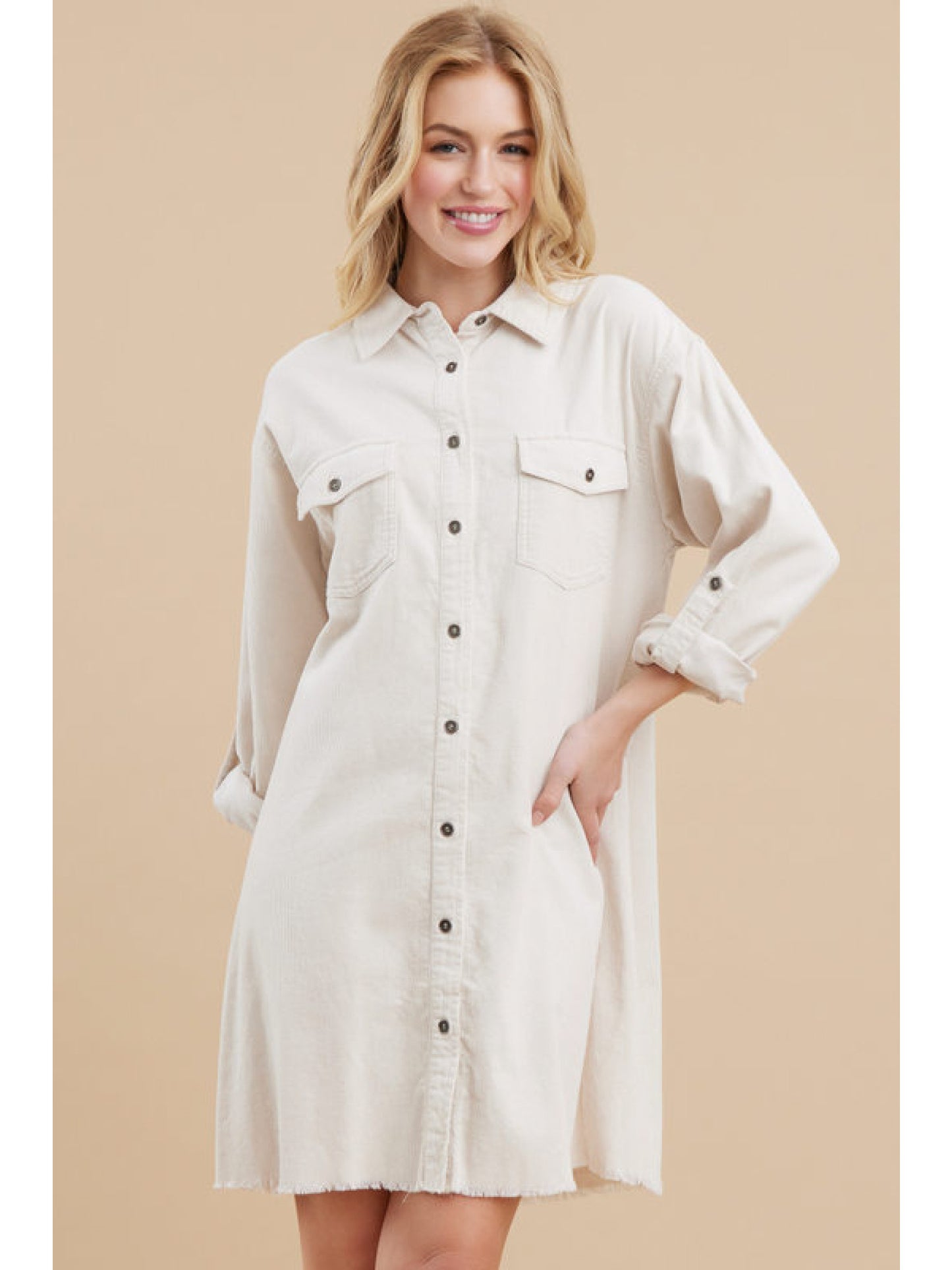 Cream Corduroy Collared, Button Down Long Sleeve Mini Dress