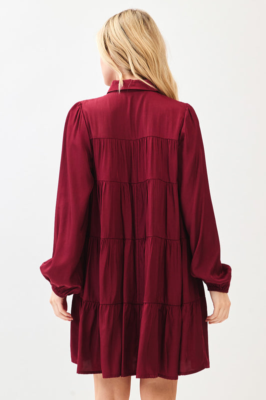 Wine Button Up Long Sleeve Mini Dress