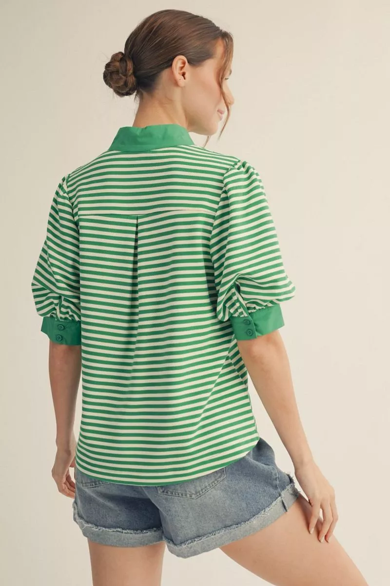 Kelly Green Striped Short Puff Sleeve Top