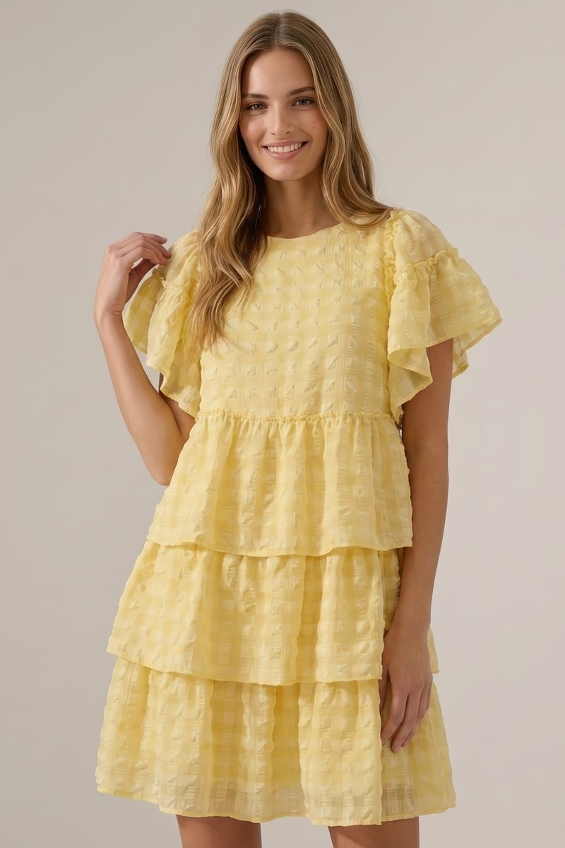 Yellow Seersucker Gingham Tiered Mini Dress