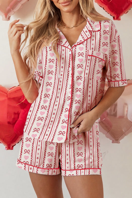Red Bow + Heart Print Button Up/Shorts Pajama Set