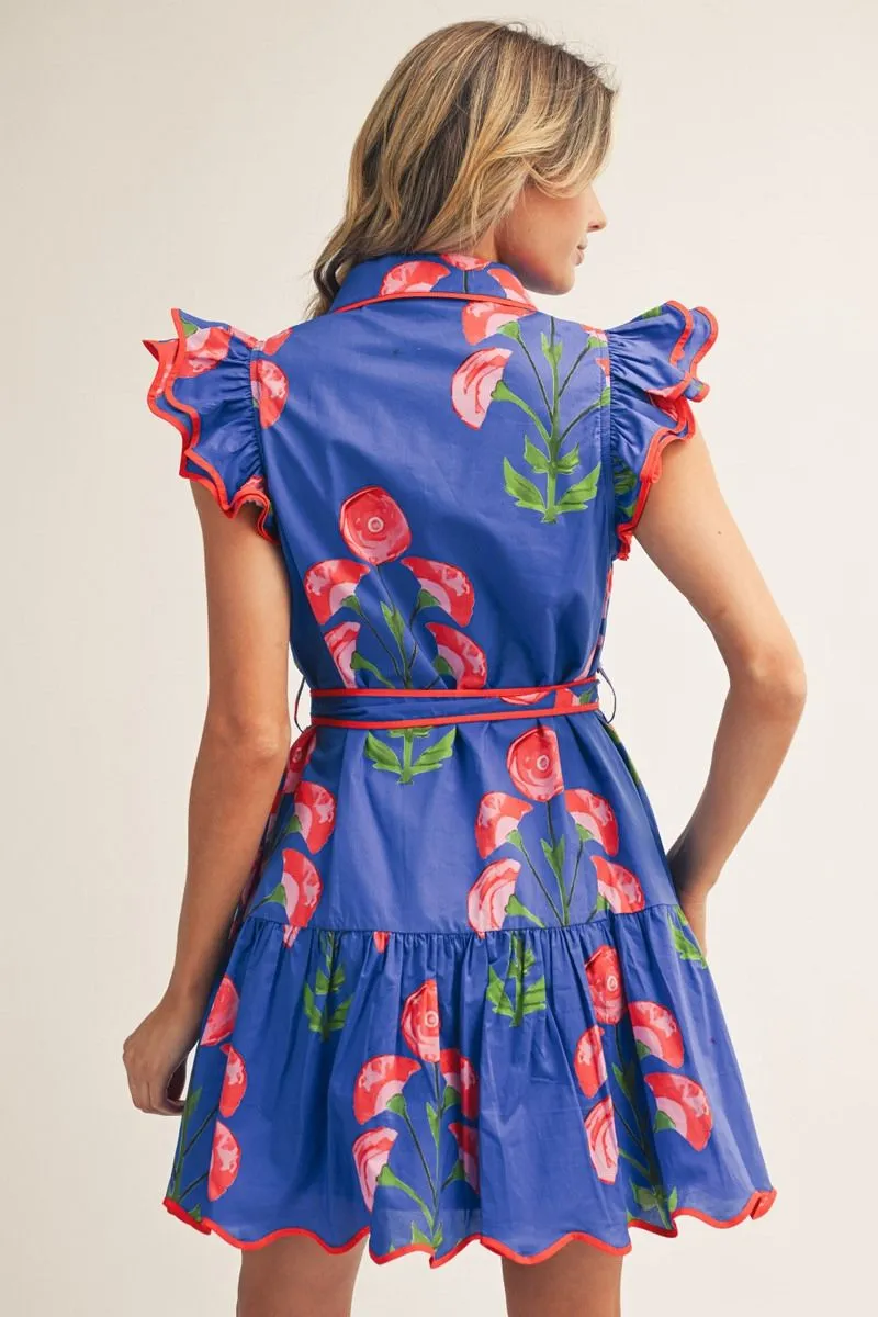 Royal Blue Floral Mini Dress w/ Tie Belt