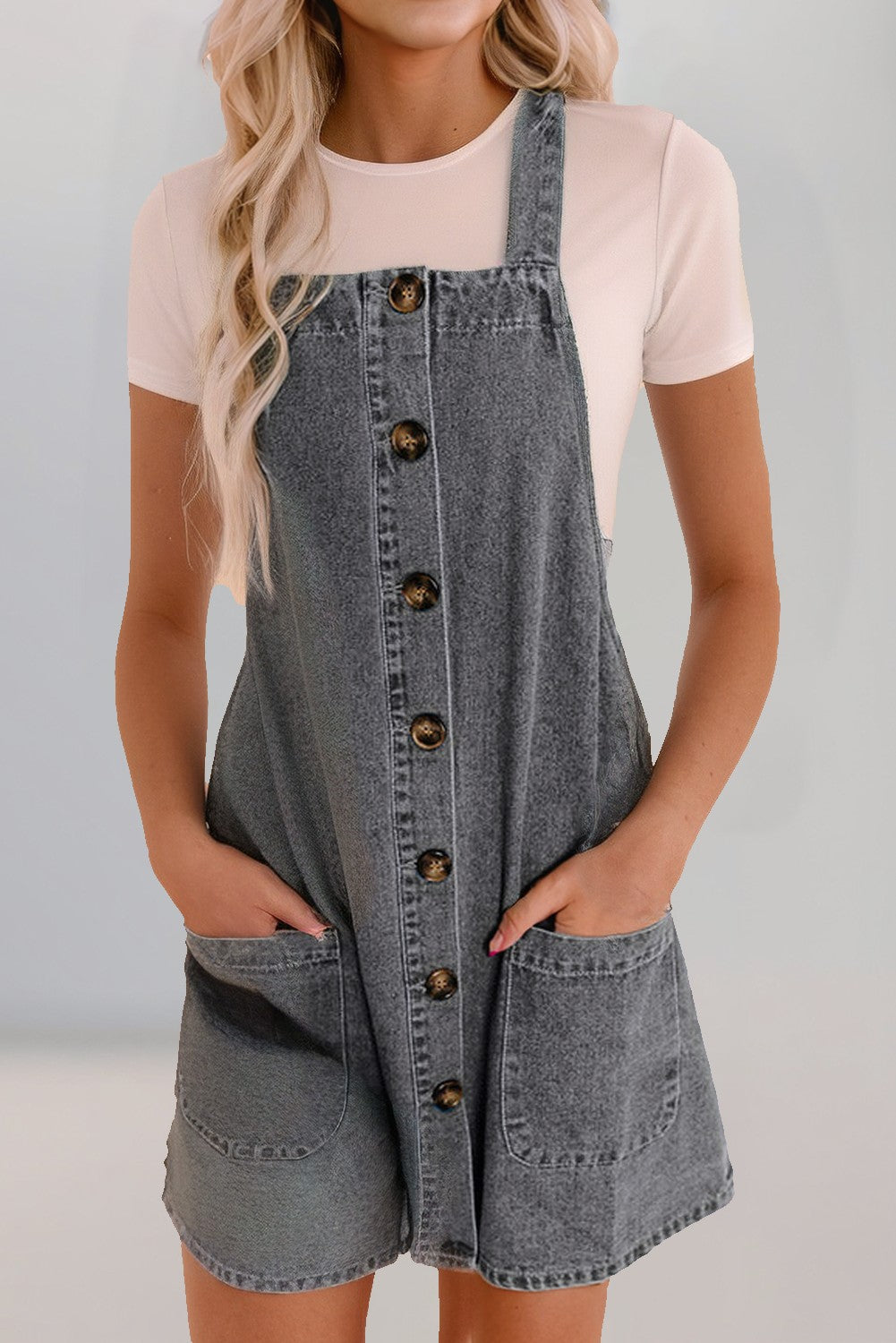 Black Denim Button Down Mini Overall Dress