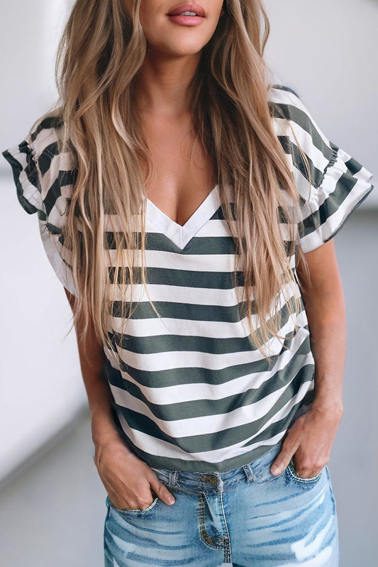 Green Striped V-Neck Top w/ Ruffled Sleeves