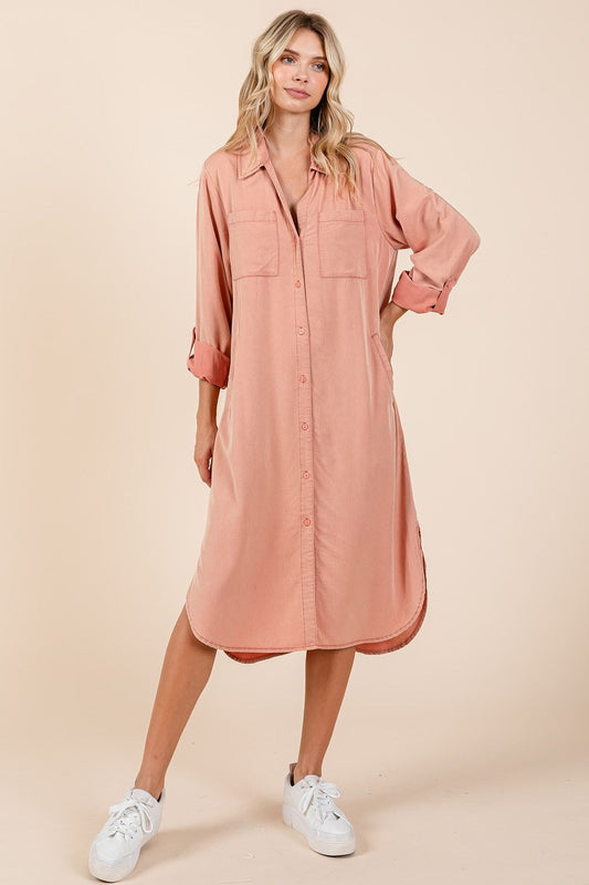 Dusty Coral Button Up Midi Shirt Dress