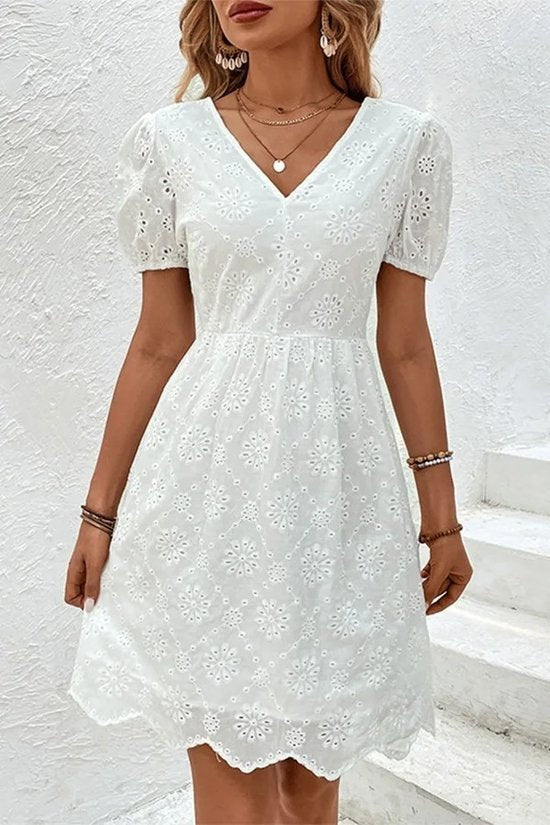 White Eyelet V-Neck Mini Dress Medium