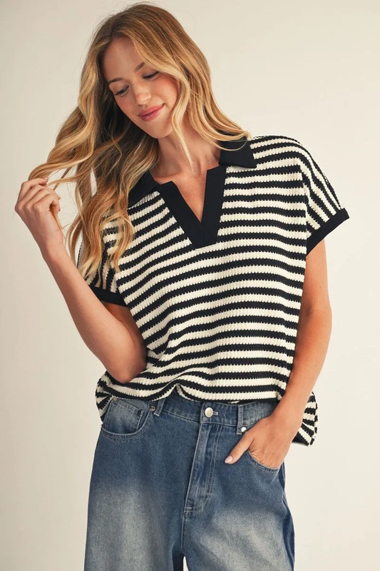Black Knit Striped Collared Short Sleeve