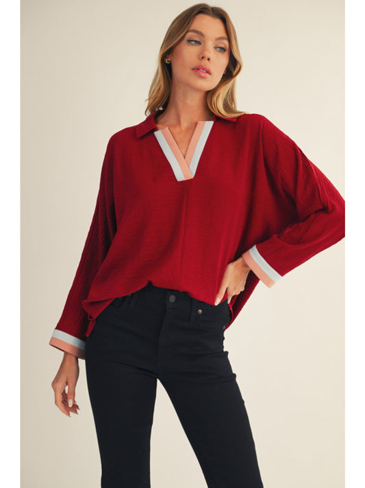 Burgundy Collared, Long Sleeve V-Neck Blouse