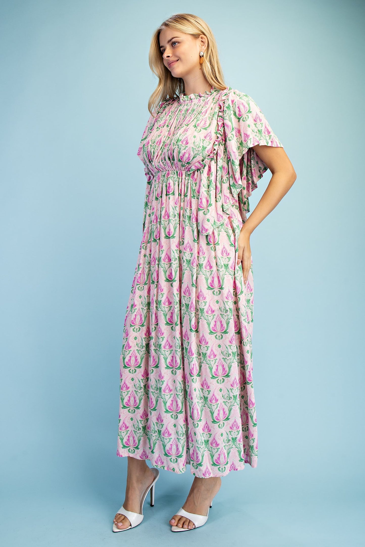 Blush Mix Floral Printed Midi Dress w/ Flutter Sleeves