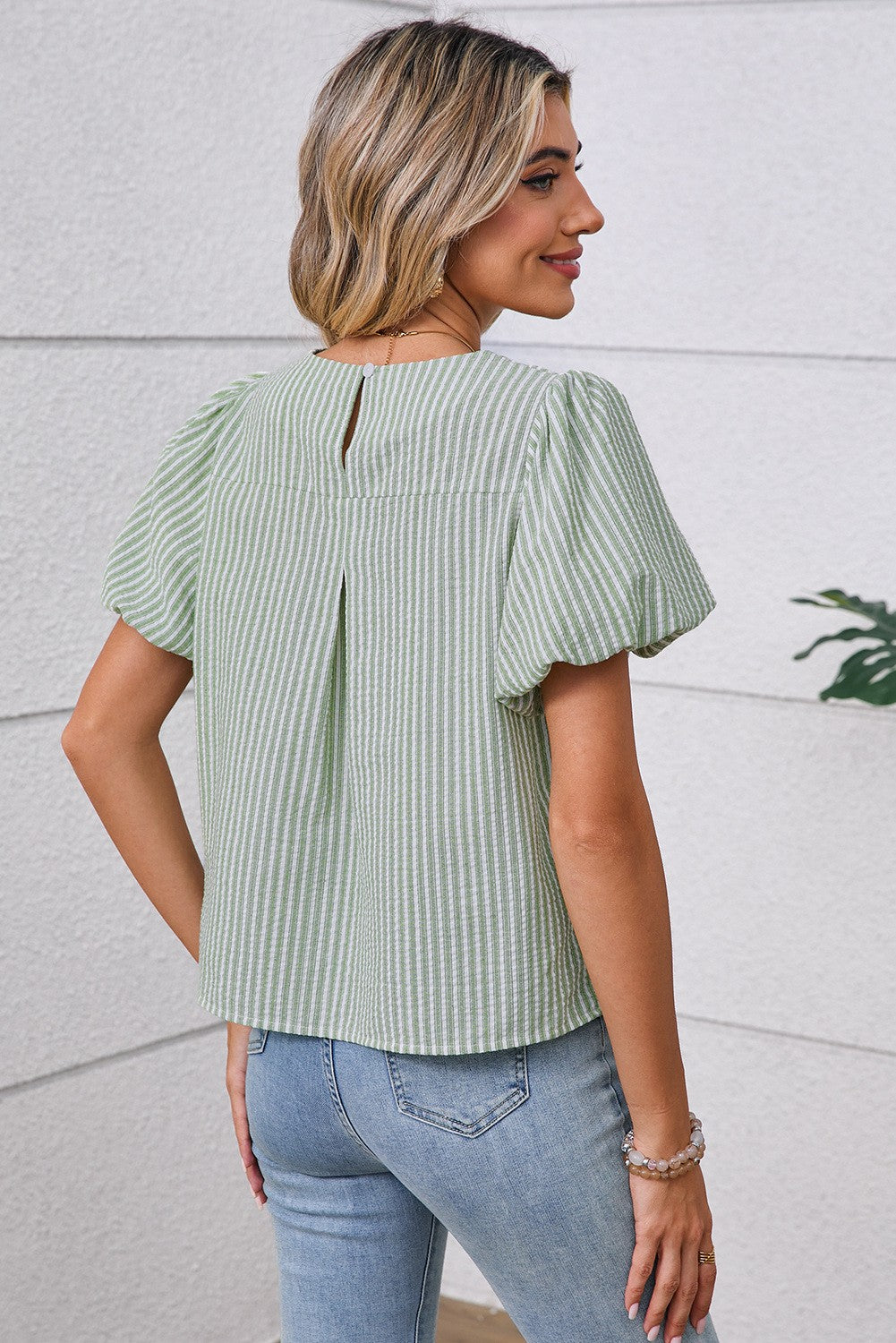 Sage Green Striped Puff Sleeve Blouse