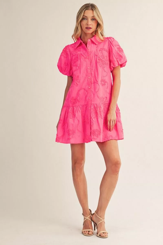 Hot Pink Floral Textured Drop Waist Short Sleeve Mini Dress