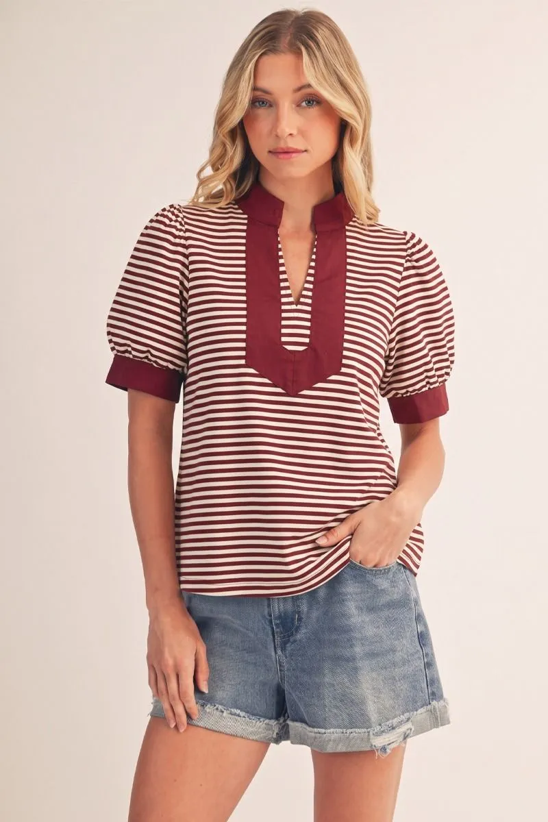 Burgundy Striped Short Puff Sleeve Blouse