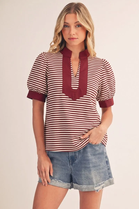 Burgundy Striped Short Puff Sleeve Blouse