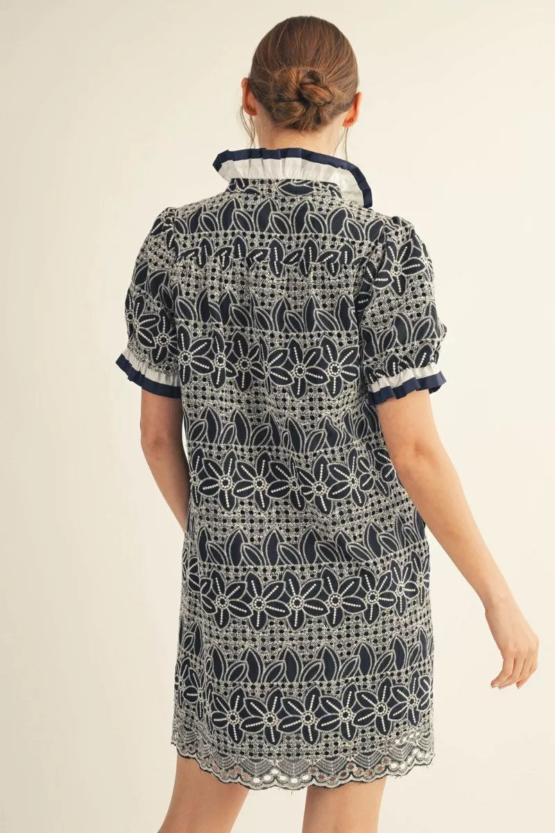 Navy Floral Embroidered Short Sleeve Mini Dress