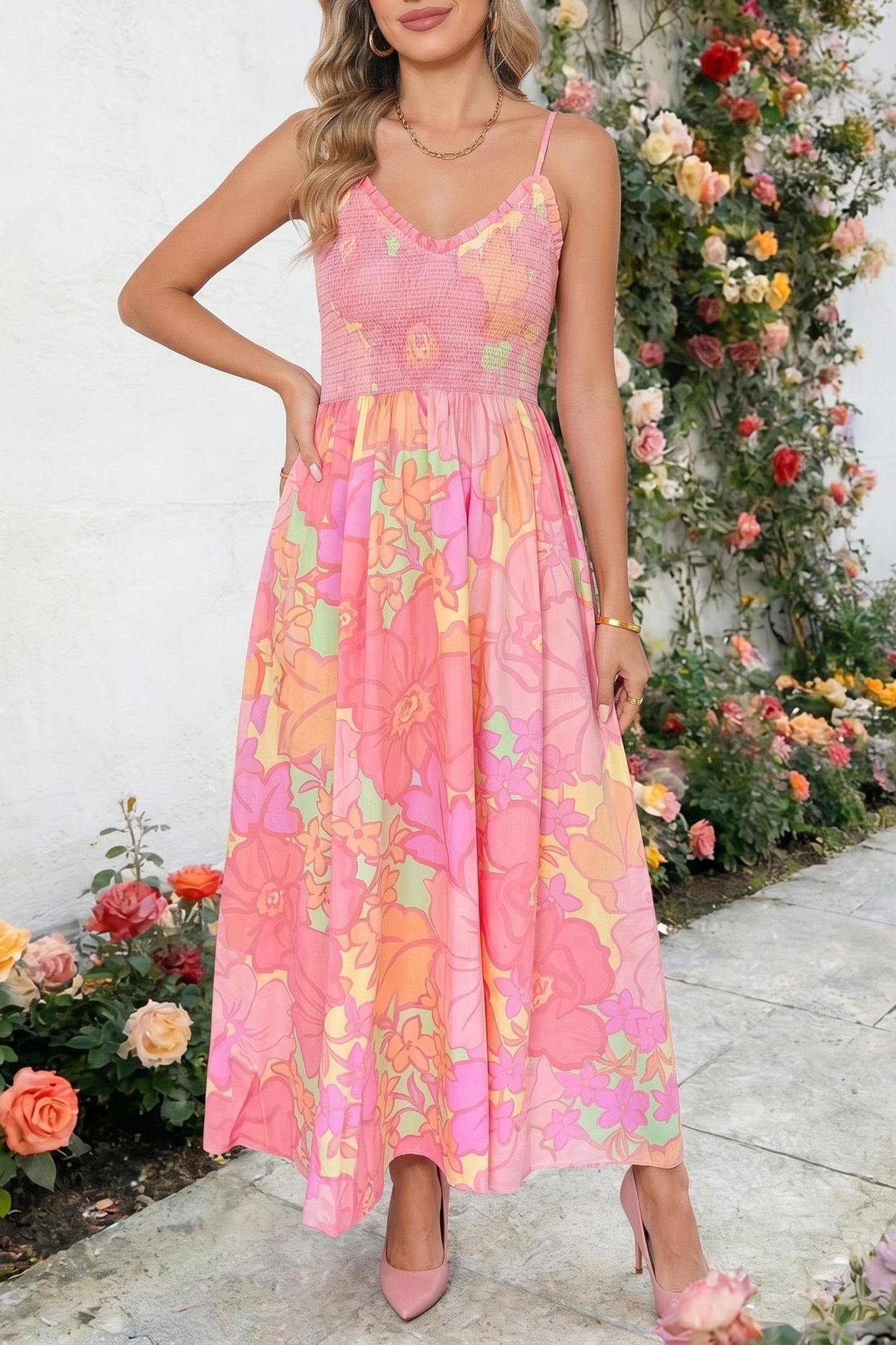 Pink Floral Sleeveless Smocked Midi Dress