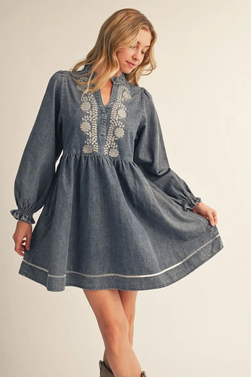 Denim Long Sleeve Mini Dress w/ Bodice Embroidery