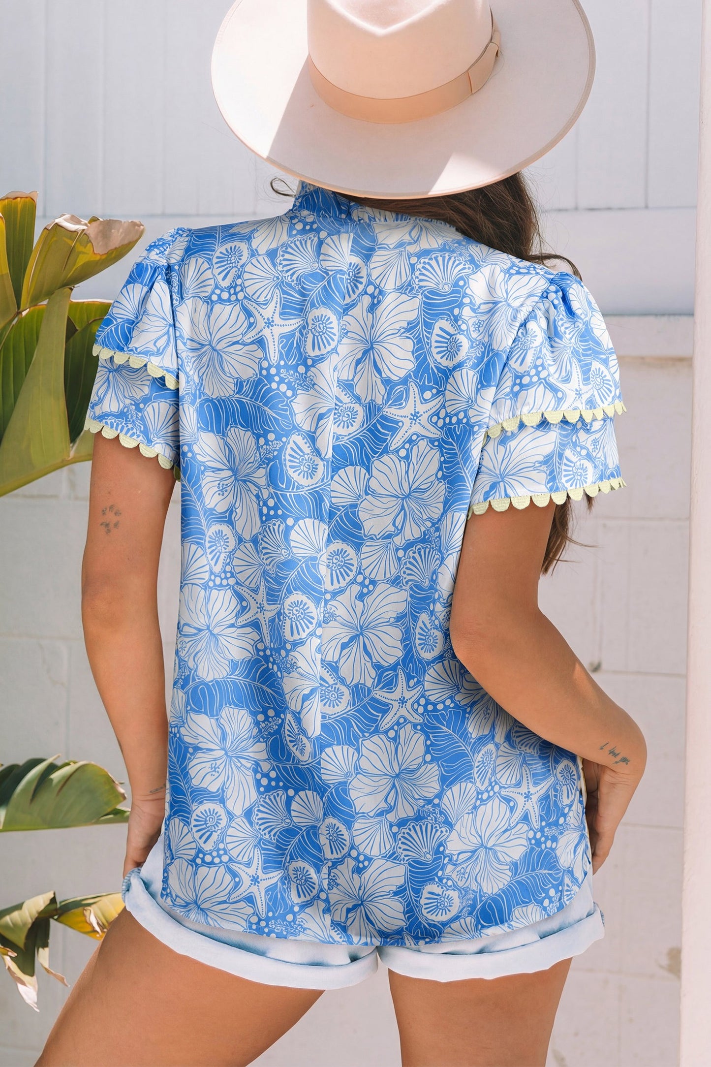 Blue Oceanic Floral Scallop Trim Blouse