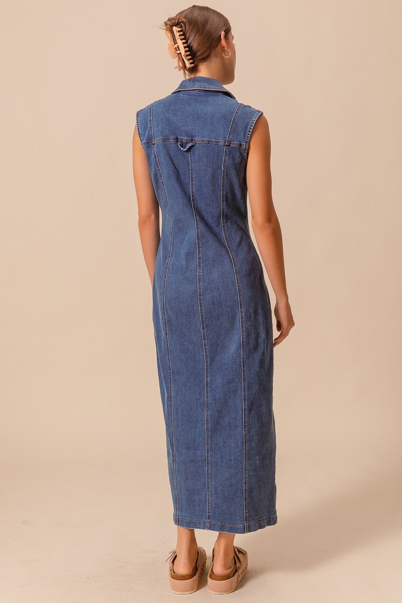 Dark Denim Sleeveless Button Front Maxi Dress