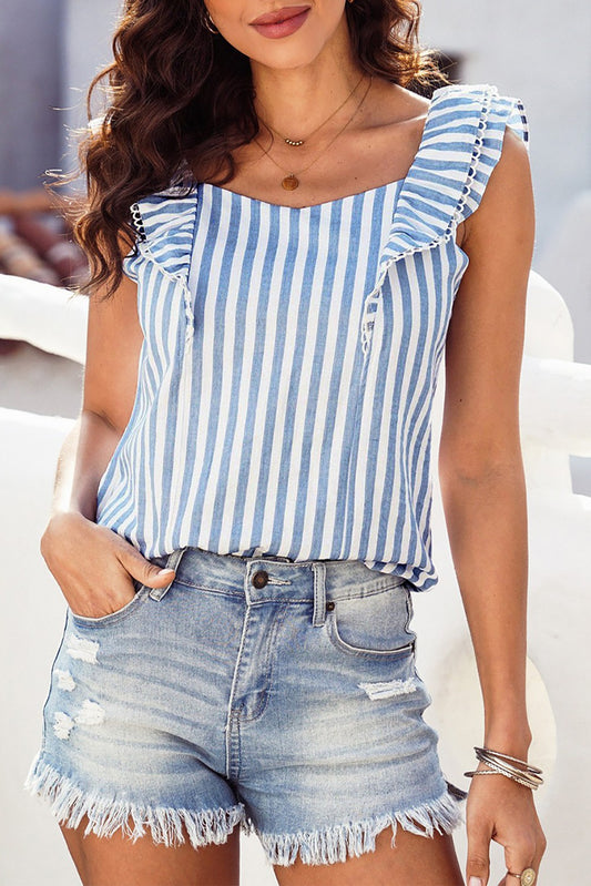 Blue + White Striped Sleeveless Top w/ Bow Detail on Back