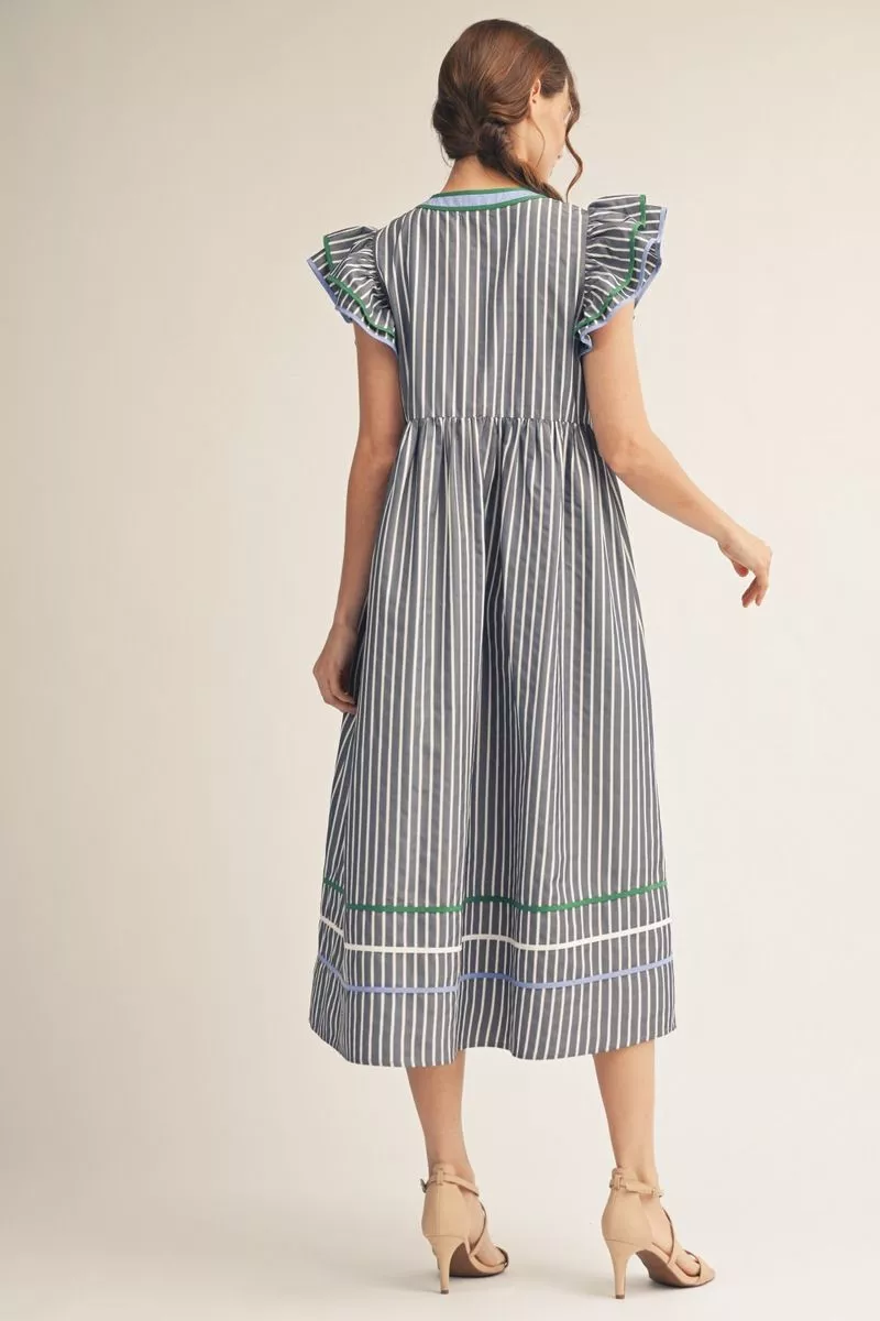 Denim Blue Striped Tiered Midi Dress w/ Embroidered Bodice