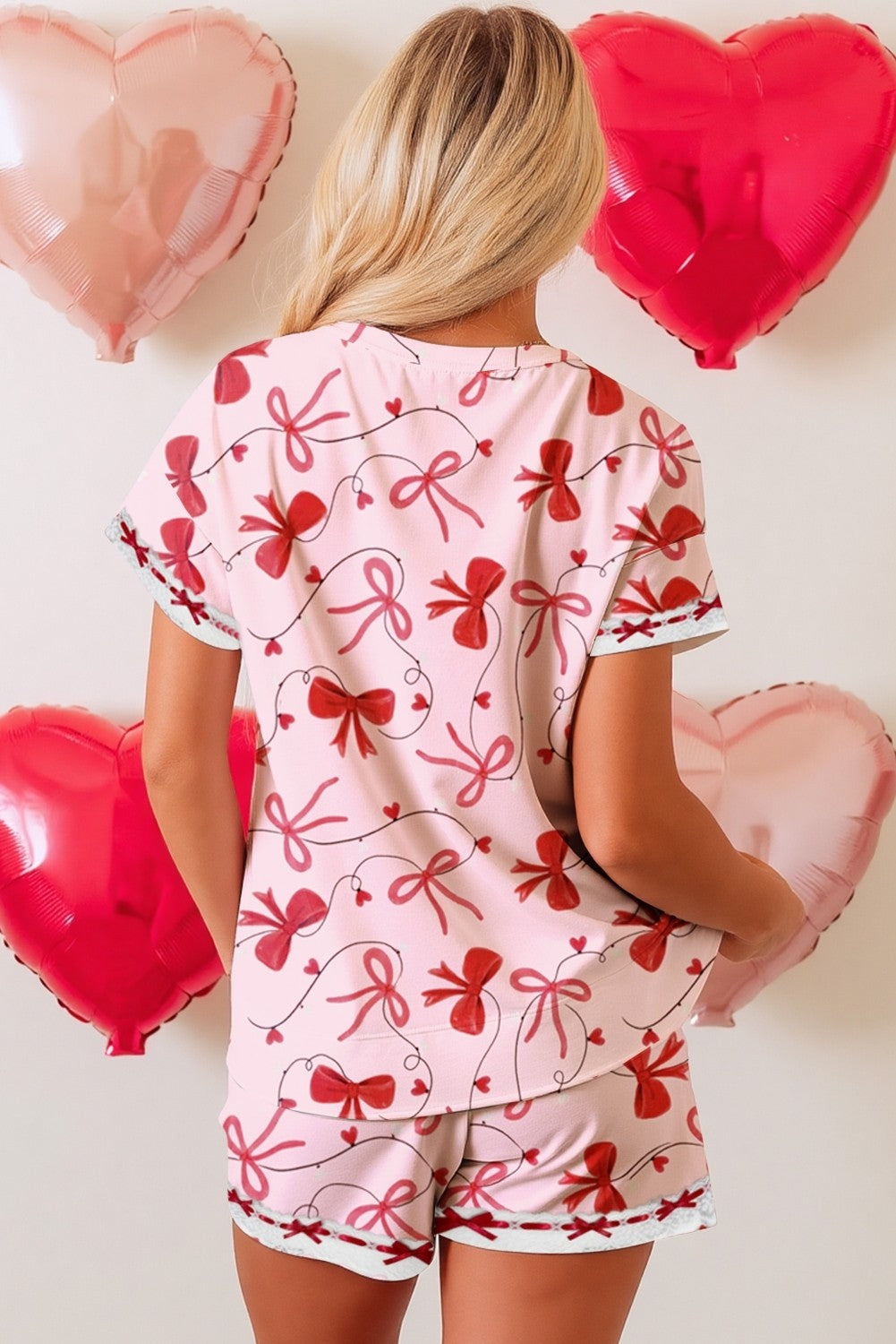 Pink Bows + Heart String Light Pajama Top + Shorts Set