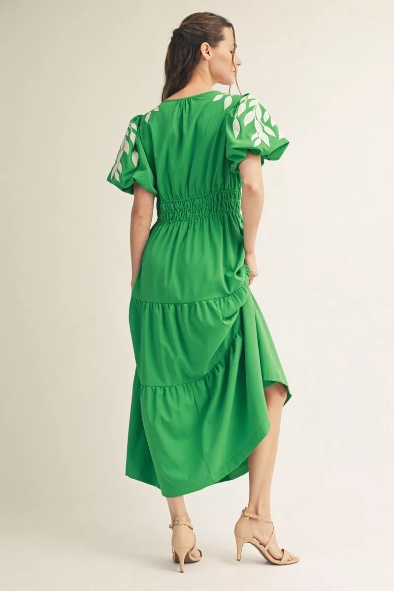 Short, Puff Sleeve Embroidered Neckline Maxi Dress