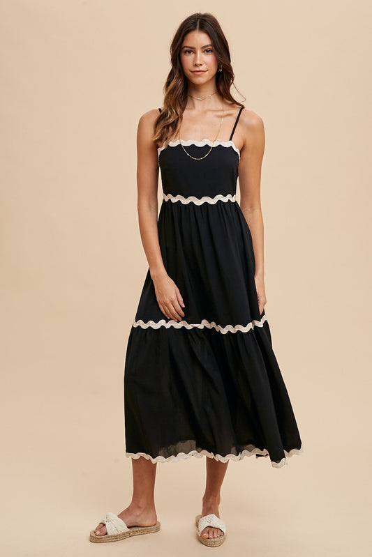 Black Scallop Trim Sleeveless Midi Dress