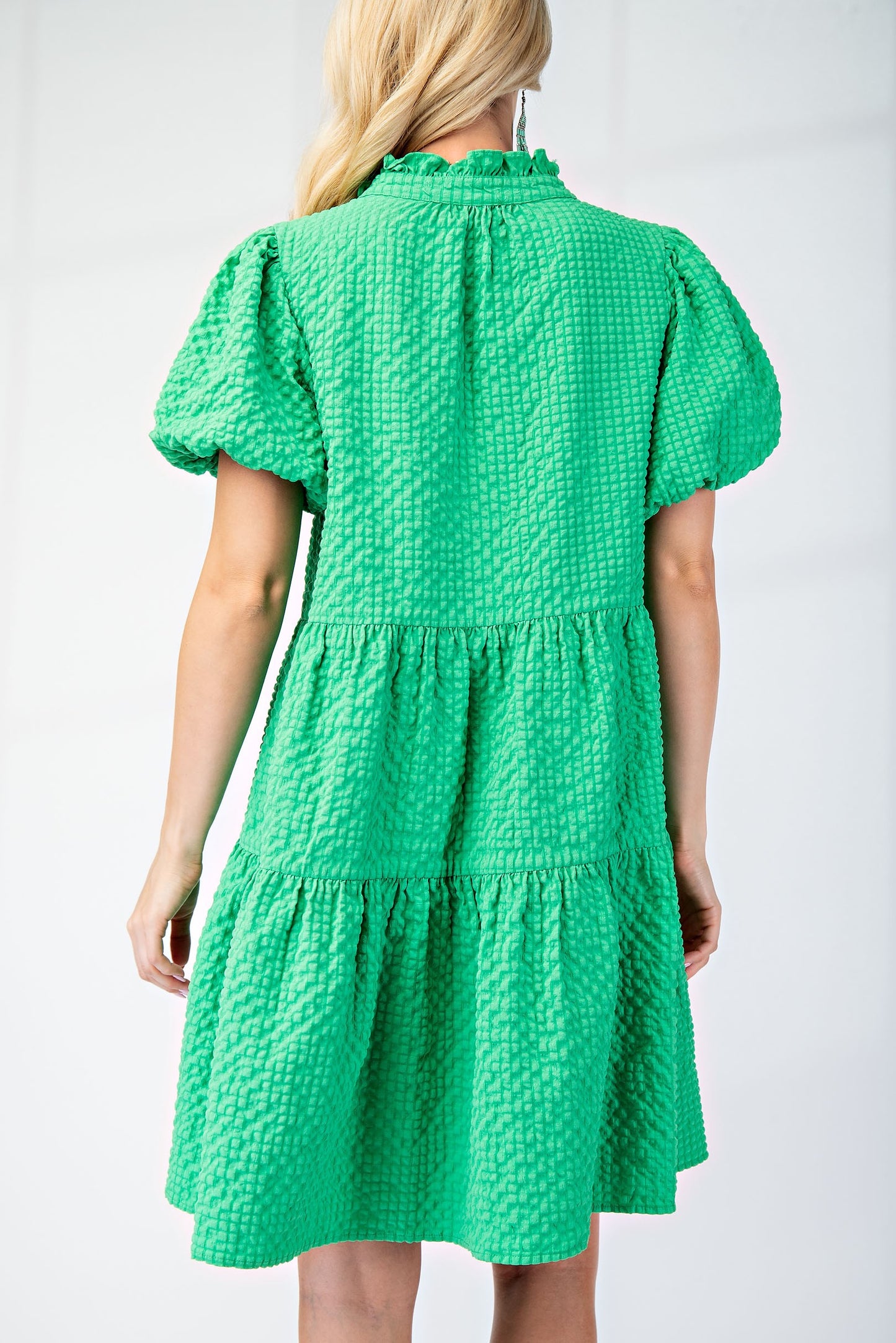 Green Seersucker Puff Sleeve Mini Dress