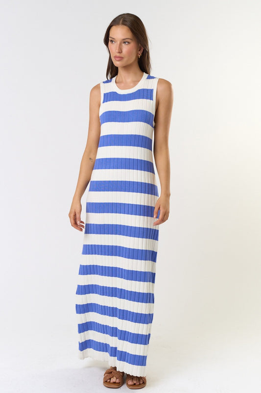 Blue/Off-White Striped Sleeveless Maxi Dress