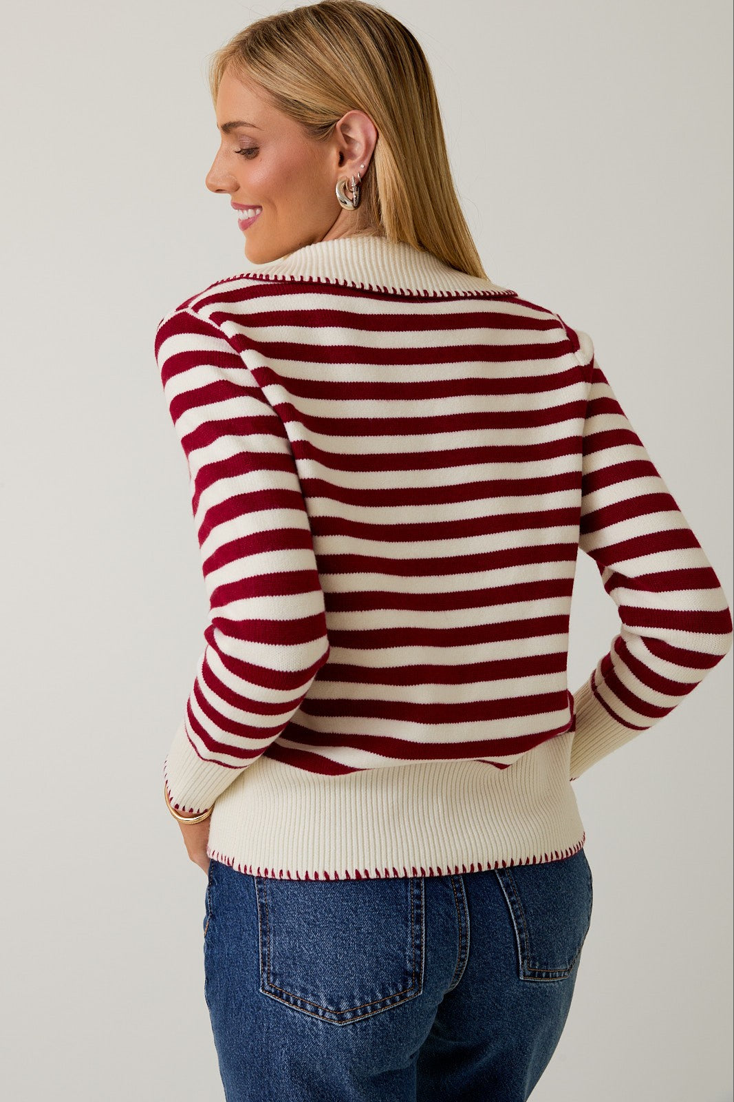 Cream-Berry Striped Peter Pan Collar Tie Front Sweater
