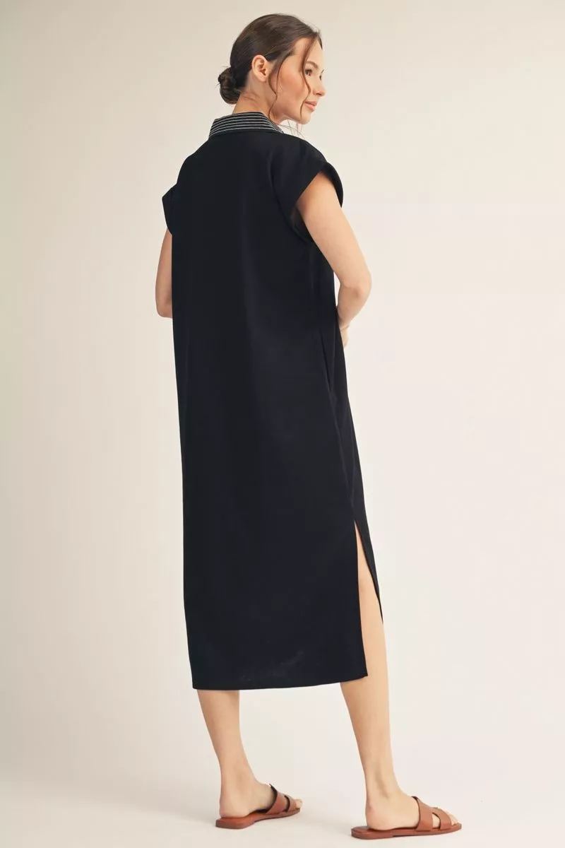 Black V-Neck, Collared Midi Dress