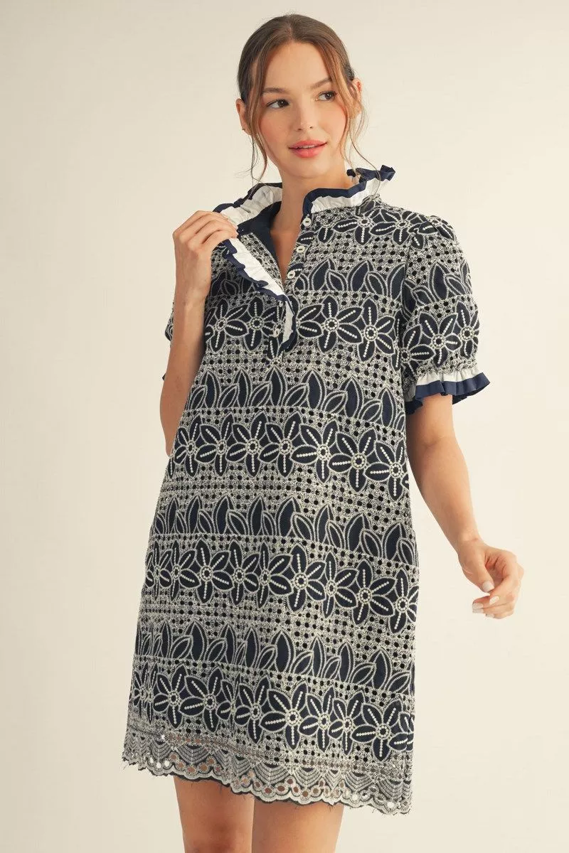 Navy Floral Embroidered Short Sleeve Mini Dress