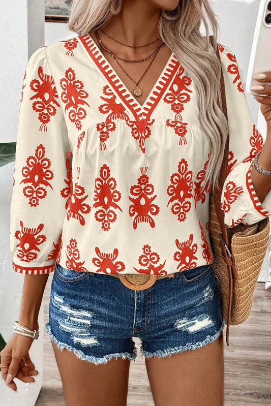 Orange & White Abstract Print V-Neck Blouse